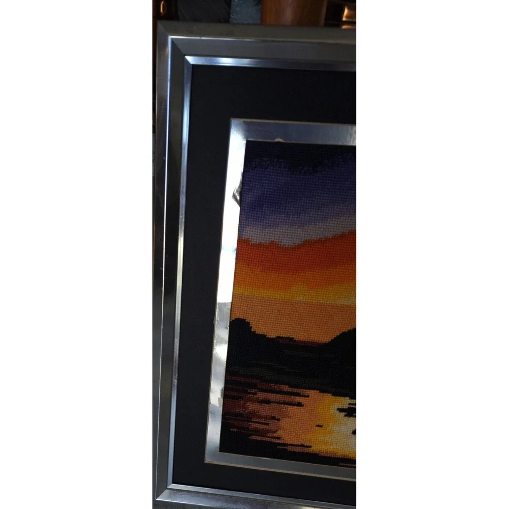 Sunset‎ Ocean Cove Needlepoint Homemade Silver Frame Matted
